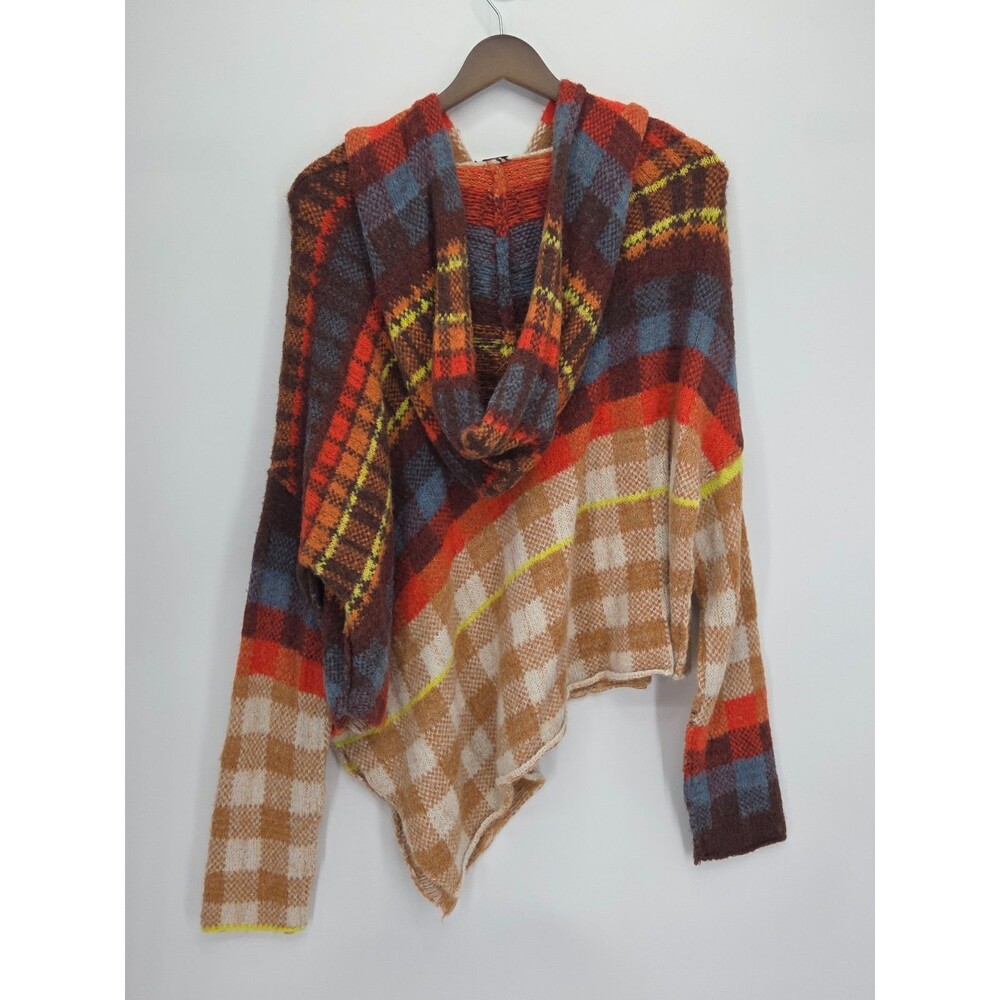 Free People Ainsley Plaid Hooded Poncho Sweater Size Small Wool Blend Boho - Picture 2 of 4